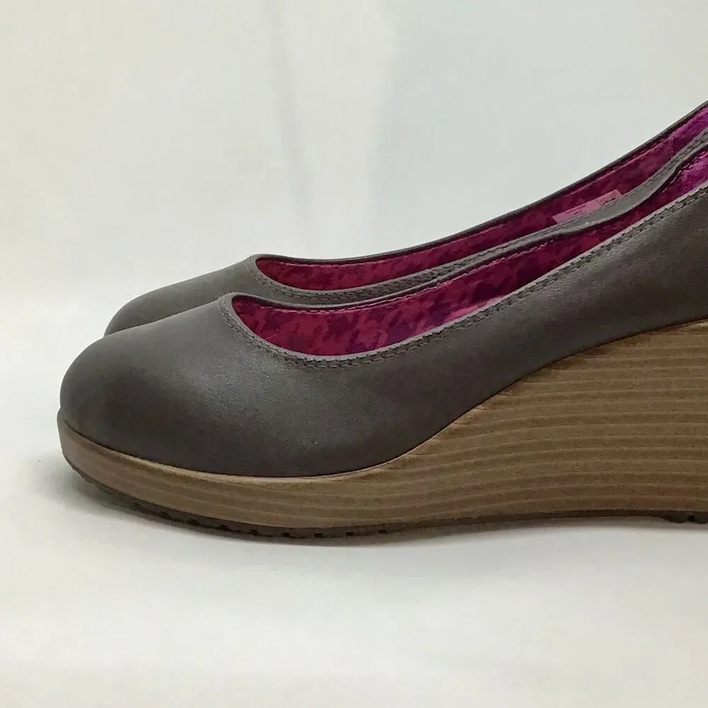 Crocs Wedge Heels Women 8.5 A-Leigh Brown Leather Closed Toe SlipOn Shoes